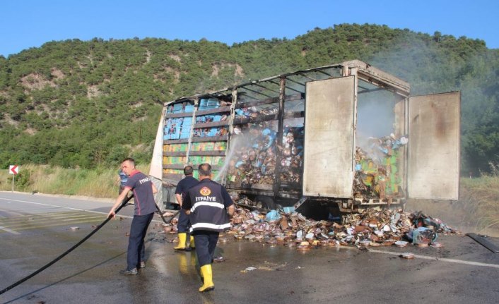 Yangın çıkan tırın dorsesindeki ürünler zara gördü