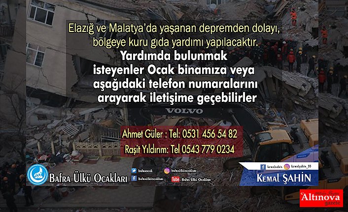 Bafra Ülkü Ocaklarından Elazığ'a yardım çağrısı