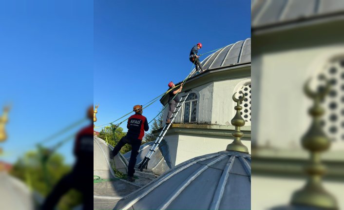 Bolu'da başına poşet takılan leylek cami kubbesine halatla tırmanan ekiplerce kurtarıldı