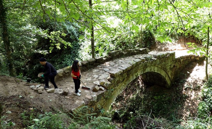 Rize'de baba kız tarihi kemer köprüdeki yabani otları temizledi