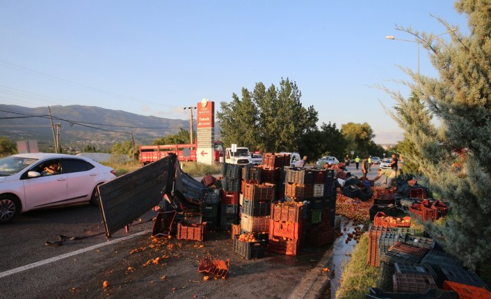 Tokat'ta kamyondan düşen kasalarca şeftali kara yoluna savruldu