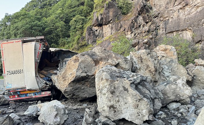 Artvin'de üzerine kaya parçaları düşen park halindeki 2 tır zarar gördü