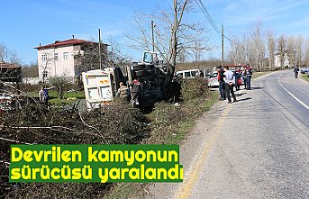 Devrilen kamyonun sürücüsü yaralandı