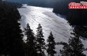 Bolu'da Aladağ Göleti'nin yüzeyi buz tuttu