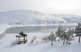 Tokat'ta Üçoluk Göleti'nin yüzeyi buz buttu